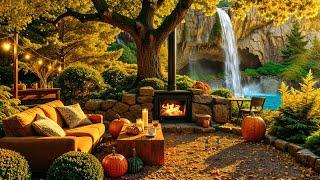 Relaxing Fall Morning by the Waterfall  Smooth Jazz Music & Warm Fireplace Sounds for Stress Relief