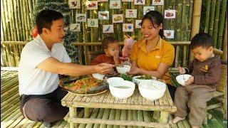 Harvesting chicken eggs to sell at the market, repairing the farm with him and cooking