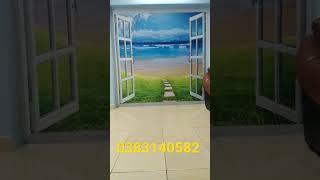 Mẫu tranh phòng khách phòng ngủ 3d cảnh biển với khung cửa sổ