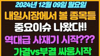 [12월09일 월요일 추천종목!] 정부 계엄 리스크 해소되는걸까?? 윤석열, 이재명, 한동훈 / 역대급 사재기 나올수도 있다는 내용! / 중국정부방침? / 단독 뉴스들 떴다!!