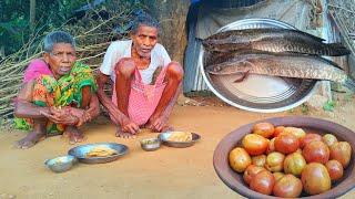 100 years old grandma how to cook SNAKE HEAD FISH curry and eating with her husband || village life
