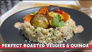 Quinoa with Roasted Veggies, Tahini Sauce , Mrs vegan