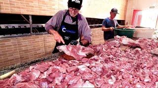 Brazilian feast of pork cracklings, skewered loin and shank, sausage and smoked steak