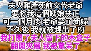 夫人難產死前交代老爺，要將我這個姨娘扶正，可一個月後，老爺迎娶了新婦，不久後，我就被趕出了府，我心灰意冷的打開了夫人留下的木盒子，翻開夾層，我被驚呆了 【美好人生】