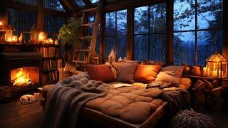 Thunderstorm with Lightning, Rain on Window and Gentle Crackling Fire in a Cozy Bedroom Ambience