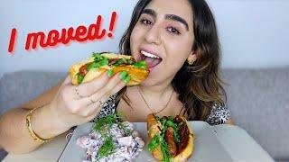 FIRST MUKBANG IN MY NEW APARTMENT!⎢Mediterranean Style Hotdogs - Olea Mediterranean Taverna BROOKLYN