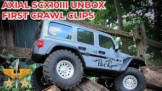 Axial SCX10 III Jeep Wrangler Off-Road Trail Truck UnBoxing and First Crawl Clips