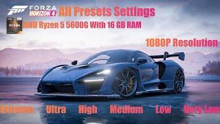 Forza Horizon 4 All Presets Settings Benchmark Test ON Igpu AMD Ryzen 5 5600G At 1080P Resolution