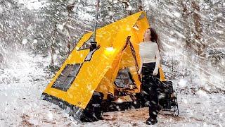 Camping in an inflatable tent in a frozen cabin in a snowy forest l nature ASMR l sonmez outdoor