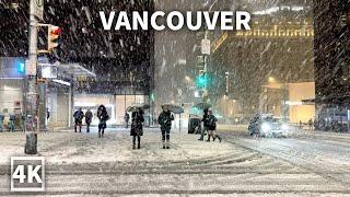 【4K】Downtown Vancouver Night Walk in Snowstorm | Canada (Sounds Of Snowfall)