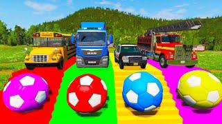 Double Flatbed Trailer Tractor rescue Bus - Cars Racing - Cars vs Stairs Colors - BeamNG Drive