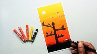 Scarlet Colour Sunrise Scenery Drawing ||  Easy Drawing for Beginners | Doms Oil Pastel Drawing Easy