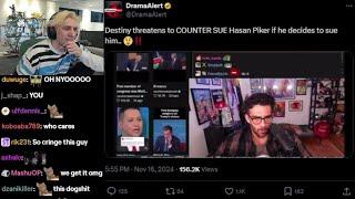 xQc Reacts to Destiny Threatening to Counter sue Hasan Piker if he Decides to Sue Him