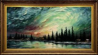 Lakeside Pine Garden and Magical Aurora Borealis Sky, Vintage Impressionist Oil Painting | Frame TV