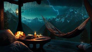 Cozy Rainy Balcony ️ Heavy Rain & Thunder Sound, Crackling Fireplace to Sleep, Rest