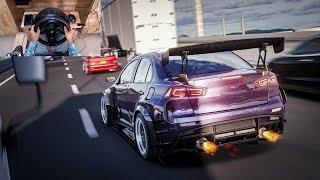 Insane Cutting through Traffic in Mitsubishi EVO X on Shutoko Highway | Steering Wheel Gameplay