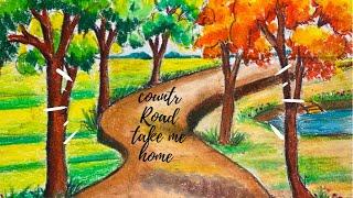 Easy drawing!! How to draw country road /Easy Drawings/Tree Drawing/ path way /Oil Pastel Drawing