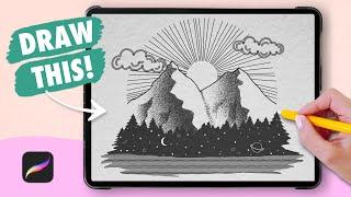 EASY Procreate Drawing for Beginners |  INK & STIPPLE Landscape - Digital Art Tutorial