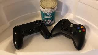 Pointless 14 sec vid of a DS4 & an Xbox controller next to a canned salmon on styrofoam