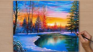 Easy Way to Paint a Winter Sunset Lake/ Acrylic Painting / STEP BY STEP #119