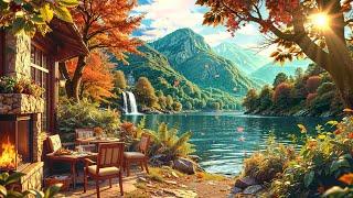 Smooth Morning Jazz: Cozy Outdoor Autumn Coffee Shop Ambience with Warm Fireplace by Lake for Relax