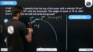 A ball is projected upwards from the top of the tower with a velocity 50ms-1 making an angl....