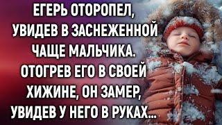 Егерь оторопел, увидев в заснеженной чаще мальчика. Отогрев его в своей хижине, он замер, увидев