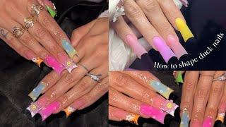 LONG DUCK NAILS 🩷| HOW TO SHAPE DUCK NAILS + ACRYLIC NAIL TUTORIAL