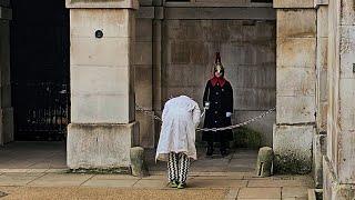 RESPECT! BEAUTIFUL MOMENT A VISITOR DECIDES TO BOW TO THE KING'S GUARD at Horse Guards!