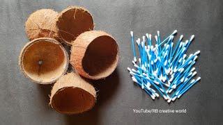 Waste Coconut Shell and Earbuds Craft Idea | How to Make Flower Vase