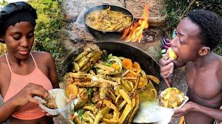 Spicy Coconut Curry Land Crabs Ñ Roast Breadfruit | Outdoor Cooking by The River Side | Jamaica