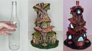 Bottle  Fairy Mushroom House made of Cardboard and Paper. Diy Hobbit Tree House Lamp