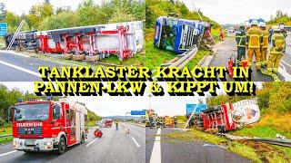 +++ SCHWERER LKW-UNFALL AUF A8 | TANKLASTWAGEN KIPPT NACH CRASH MIT TRANSPORTER UM +++ FEUERWEHR