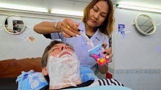 $4 ASMR BARBER SHAVE by Female Razor Artist. Pattaya, Thailand 