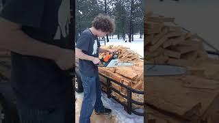 Wood gets murdalized by chainsaw (sawdust warning)