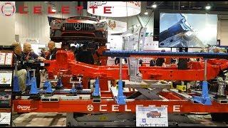 Celette booth at SEMA 2019 with frame machines, universal jigs, measuring systems, and welding tools