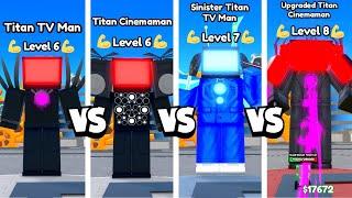 TITAN TV MAN vs TITAN CINEMAMAN vs SINISTER TTVM. vs UPGRADED TC.  | Toilet Tower Defense Roblox