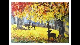 How to draw a BEAUTIFUL LANDSCAPE with gouache. "AUTUMN". Step by step drawing for beginners.