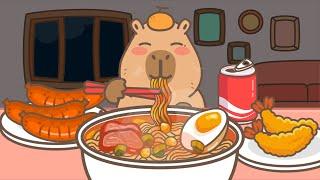 Capybara mukbang animation / ASMR / Ramen, sausage, fried shrimp and soda / Capy Capy