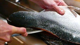 Japanese Food - FISH CUTTING SKILLS Salmon, Mackerel, Squid Sushi Kyoto Seafood Japan