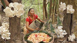 Survival skills in forest: Find meet Wild bamboo shoot with Mushroom to Cooking for lunch