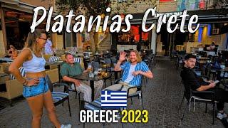 Platanias Crete, Chania, casual EVENING, walking tour 4k, Kreta, Greece 2023