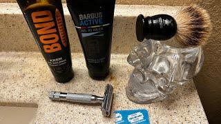 Rockwell 6C, Personna Blue, Bond Shave crème, Barbus Active Aftershave.