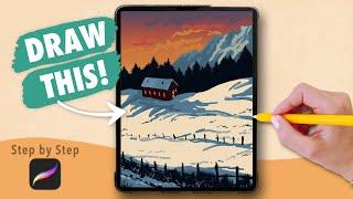 Procreate EASY Drawing for Beginners | Simple Winter Landscape - Digital Art Tutorial