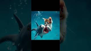 Daddy cat fights shark to save kitten | Dancing Shark | #cat #viral #new #hd #shorts #cute #shark