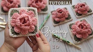 Beautiful 3D FLOWER/ROSE GRANNY for CROCHET Bags/Cardigan. EASY TUTORIAL