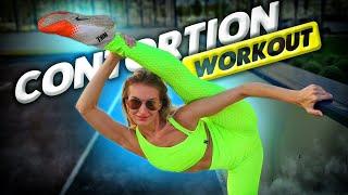 Contortion workout on the sports ground. Oversplits training. Fitness motivation. Flexshow