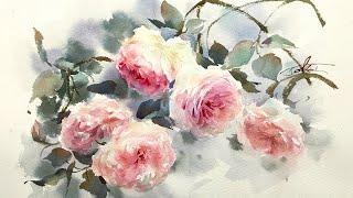 Watercolor Painting Real Time - Pink Roses #watercolor #roses #painting #demo #realtime