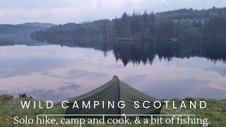 Wild camping Scotland. Solo hike and camp in the forest, plus a bit of fishing. Camping in the rain.