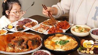 요리 먹방 :) 남편과 딸래미 밥해 먹이기(고등어조림, 순두부된장찌개, 장조림, 진미채, 매콤 감자조림).